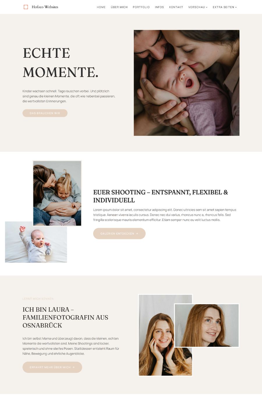 Amara WordPress Theme Familienfotografie-Seite mit Baby- und Familienfotos