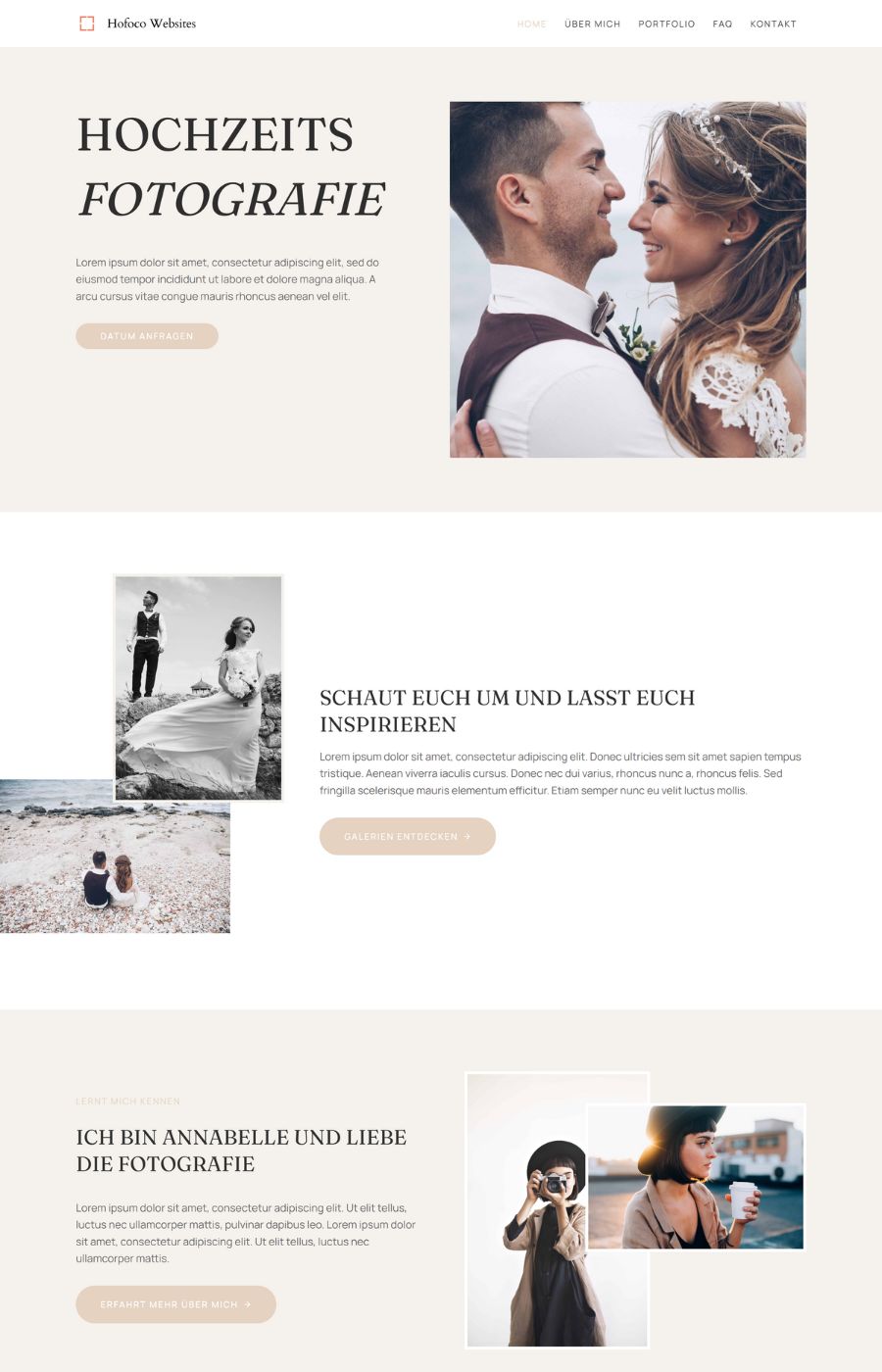 Amara WordPress Theme Startseite mit Hochzeitsfotografie Hero-Bereich und Brautpaar-Portrait