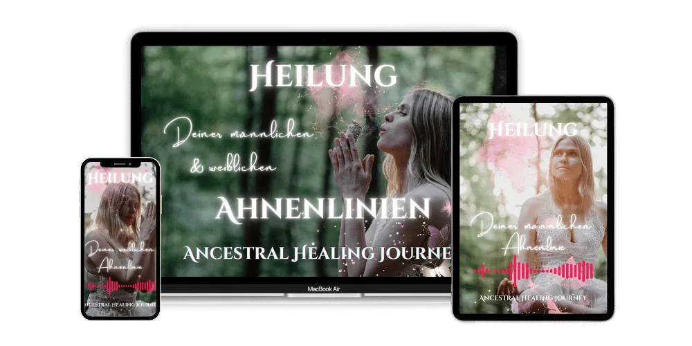 Multi-Device-Galerie mit Laptop, Tablet und iPhone, alle zeigen Ancestral Healing Journey Content