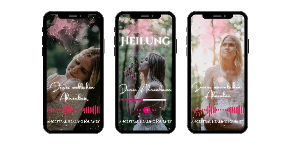 Drei iPhone-Mockups nebeneinander mit variierenden Healing-Journey-Designs, Frauenportraits und Audiovisualisierung