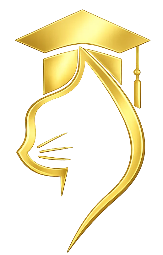 Goldenes Logo mit Absolventenhut und stilisierter Katzensilhouette