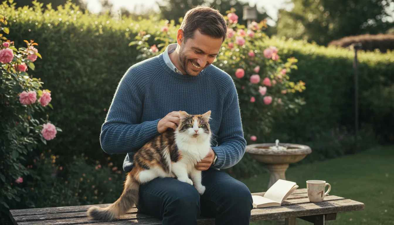 Mann in blauem Pullover sitzt im Garten mit Blüten und hält gefleckte Katze