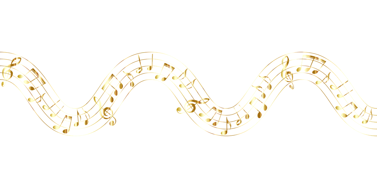 Abstrakte Grafik mit goldenen Noten auf Notenlinien in Wellenform