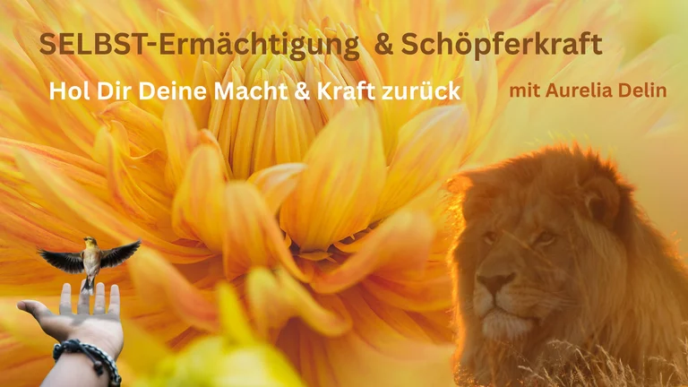 Banner mit Sonnenblume, Hand und Löwe-Silhouette zu Selbstermächtigung