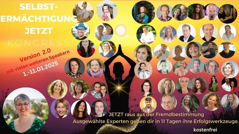 Kongresswerbung mit Teilnehmerfotos und Silhouette auf gelbem Hintergrund
