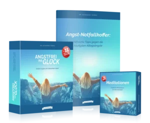 Mockup des Kurssystems Angstfrei ins Glück mit Produktbox, Ratgeber und Meditationen