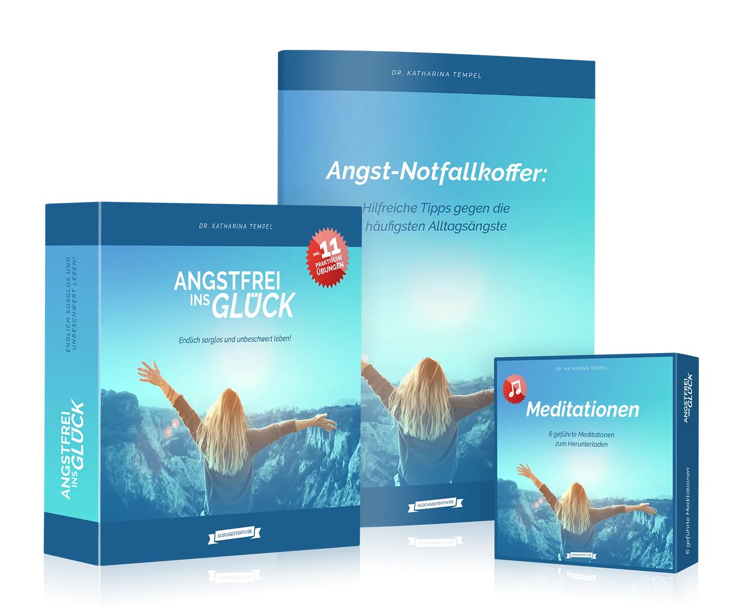 Mockup des Kurssystems Angstfrei ins Glück mit Produktbox, Ratgeber und Meditationen