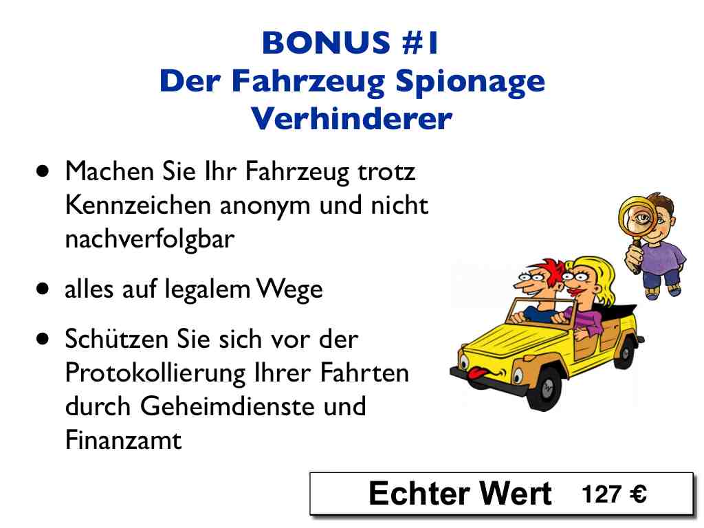 Anti Spionage System für Normalbürger – Videokurs zum Datenschutz 6 Präsentationsfolie mit Bonus 1 zum Fahrzeug-Spionage-Verhinderer, gelbes Auto mit Familie, Wert 127 Euro