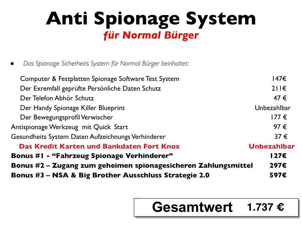 Anti Spionage System für Normalbürger – Videokurs zum Datenschutz 10 Präsentationsfolie mit Übersicht aller Komponenten des Anti-Spionage-Systems, Auflistung von Software-Tests bis Bonusmodule,