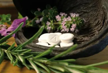 Schüsslersalz-Tabletten in Schüssel mit Heilkräutern, Querformat