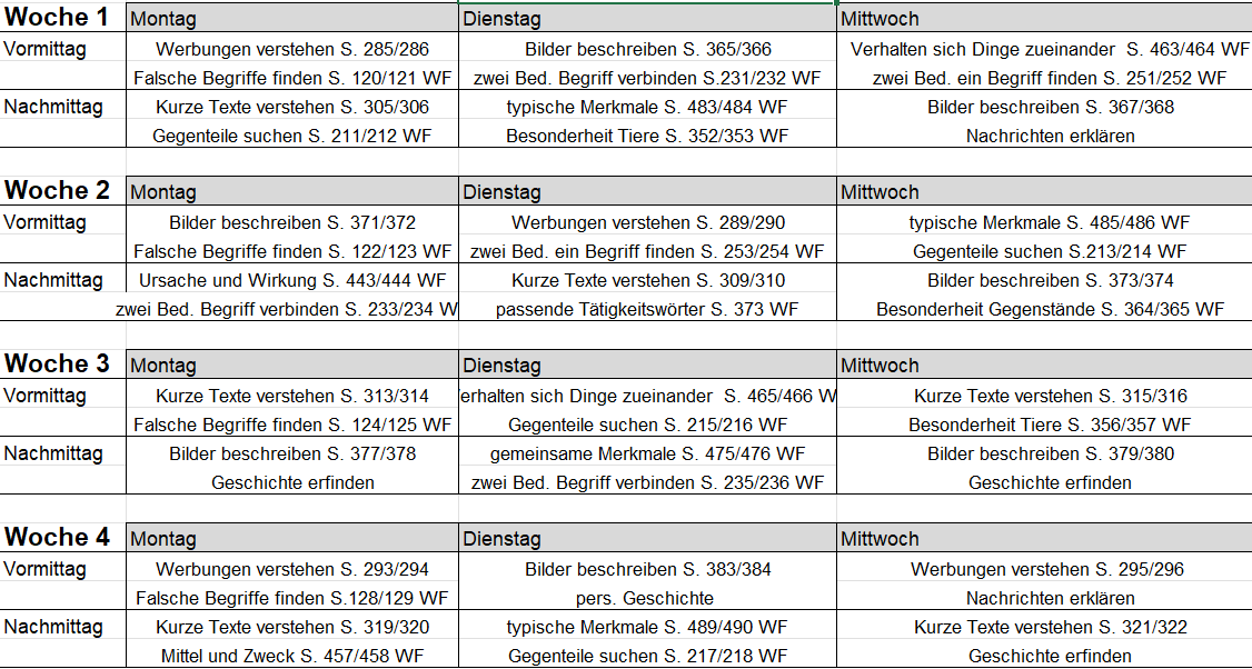 Wochenübersicht Tabelle mit Woche 1-4, Tagesablauf und Übungsthemen für Aphasie Therapie