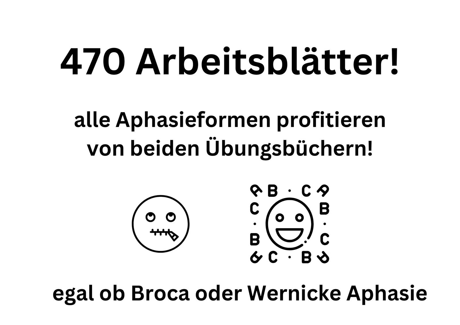 470 Arbeitsblätter, alle Aphasieformen profitieren von beiden Übungsbüchern, egal ob Broca oder Wernicke Aphasie mit Smiley-E