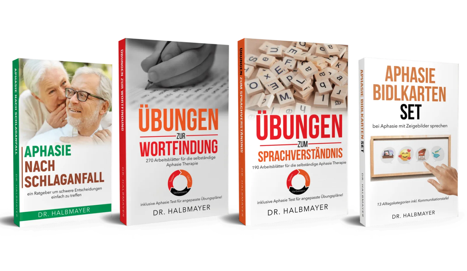 Vier Aphasie-Übungsbücher von Dr. Halbmayer nebeneinander: Aphasie nach Schlaganfall, Übungen zur Wortfindung, Übungen zum Sp