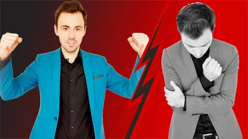 Argumentation Online-Kurs – Videokurs zum Argumentieren 10 Split-Screen: Mann im blauen Anzug jubelnd links, Mann in grauem Anzug niedergeschlagen rechts