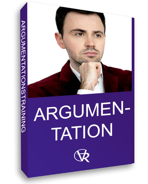 Argumentation Online-Kurs – Videokurs zum Argumentieren 1 Argumentation Online-Kurs Box-Cover mit Mann in rotem Blazer und purpurnem Design