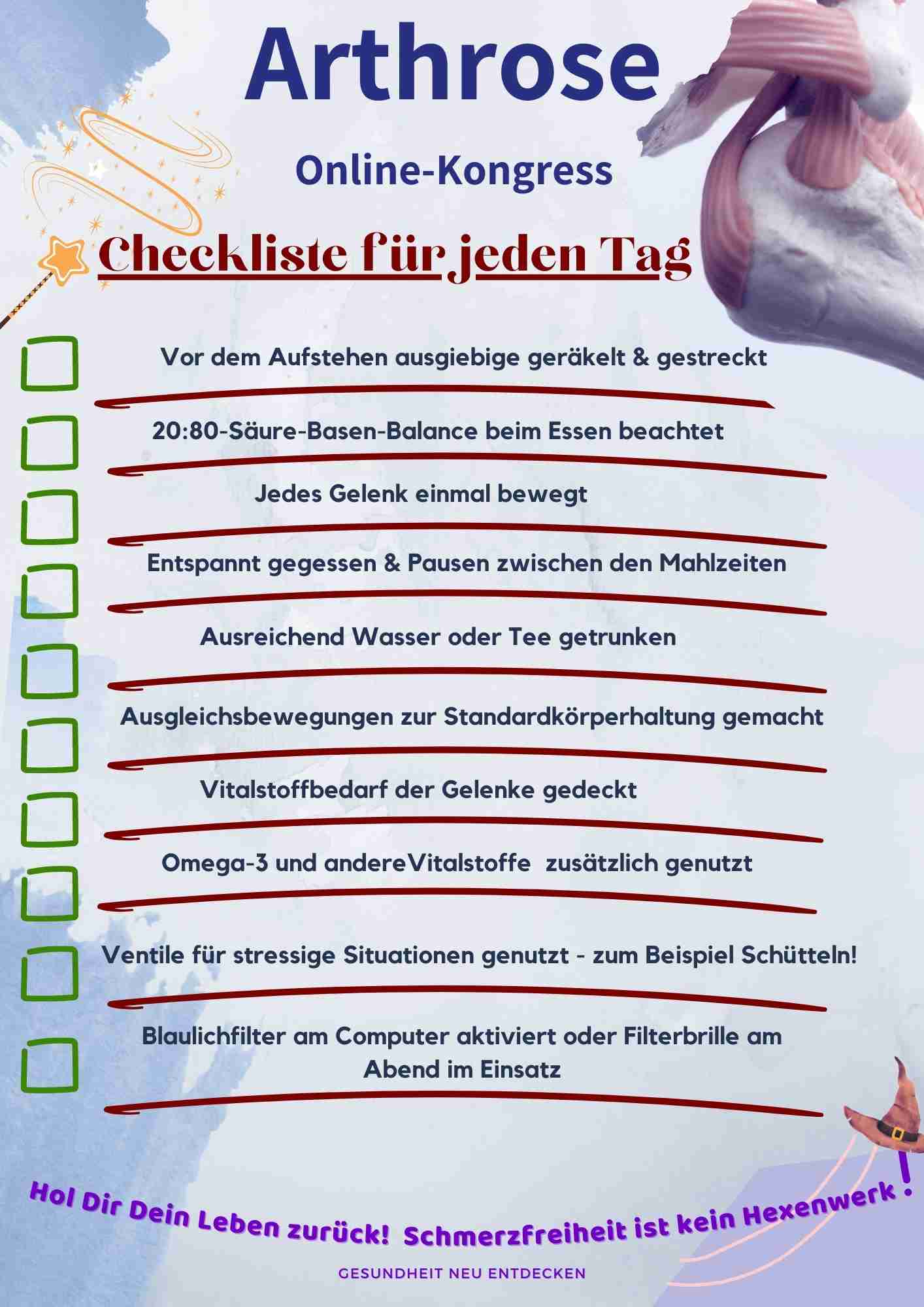 Arthrose Online-Kongress Checkliste für jeden Tag mit zwölf Kontrollkästchen und Gesundheitstipps