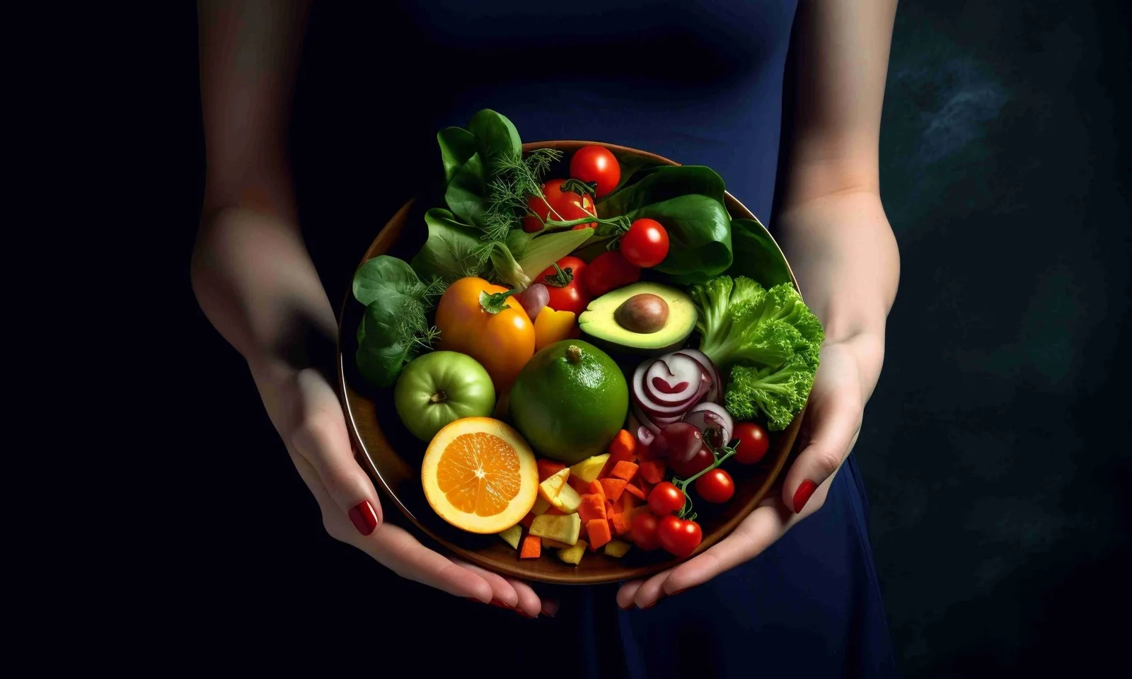 Frauenhände halten Schüssel mit frischem Gemüse, Obst und Avocado auf dunklem Hintergrund