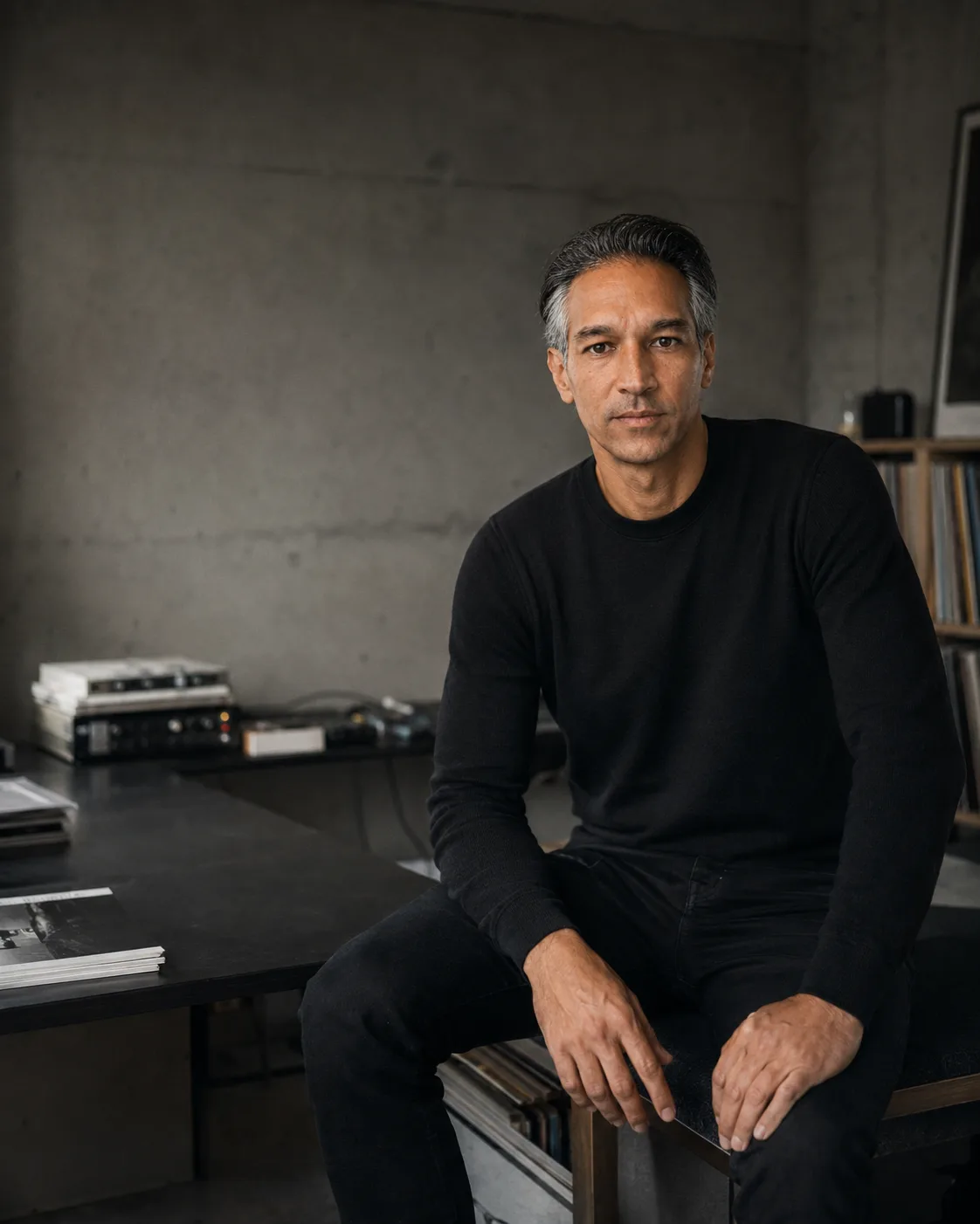Manuel MANTU Overbeck sitzt an einem Schreibtisch im Studio-Setting, trägt schwarzes Langarmshirt