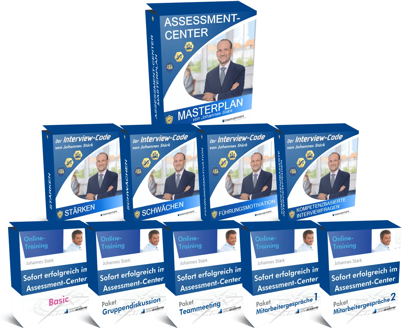 Komplettes Produktpaket Assessment-Center-Masterplan mit Masterplan-Box oben und neun einzelnen Kurspaketen