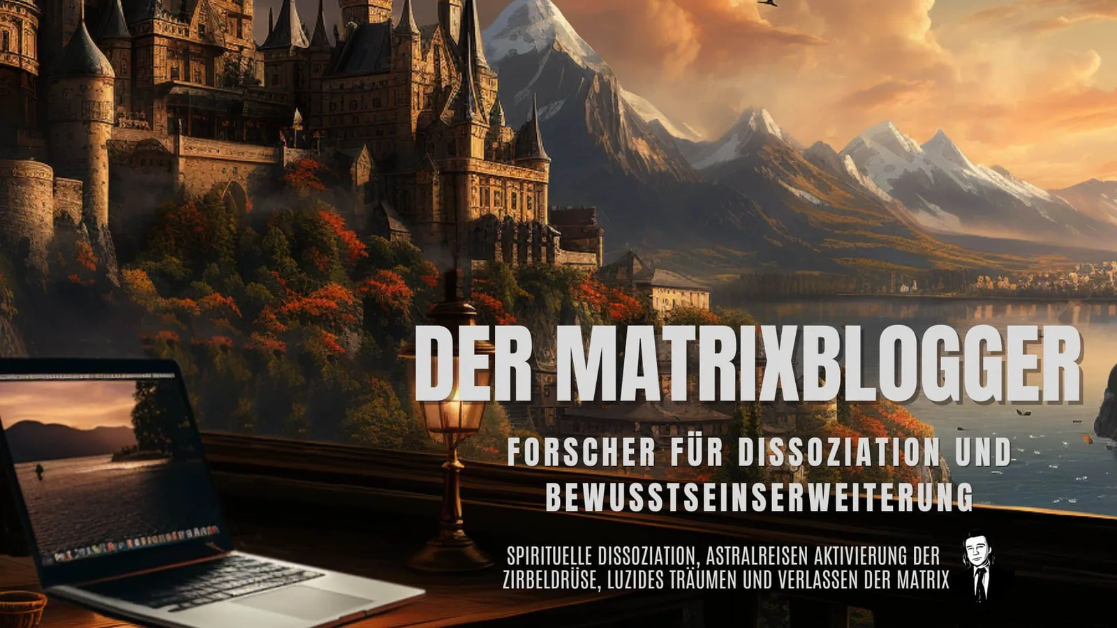 Matrixblogger Blog Banner mit Schloss und Bergen, Laptopszene
