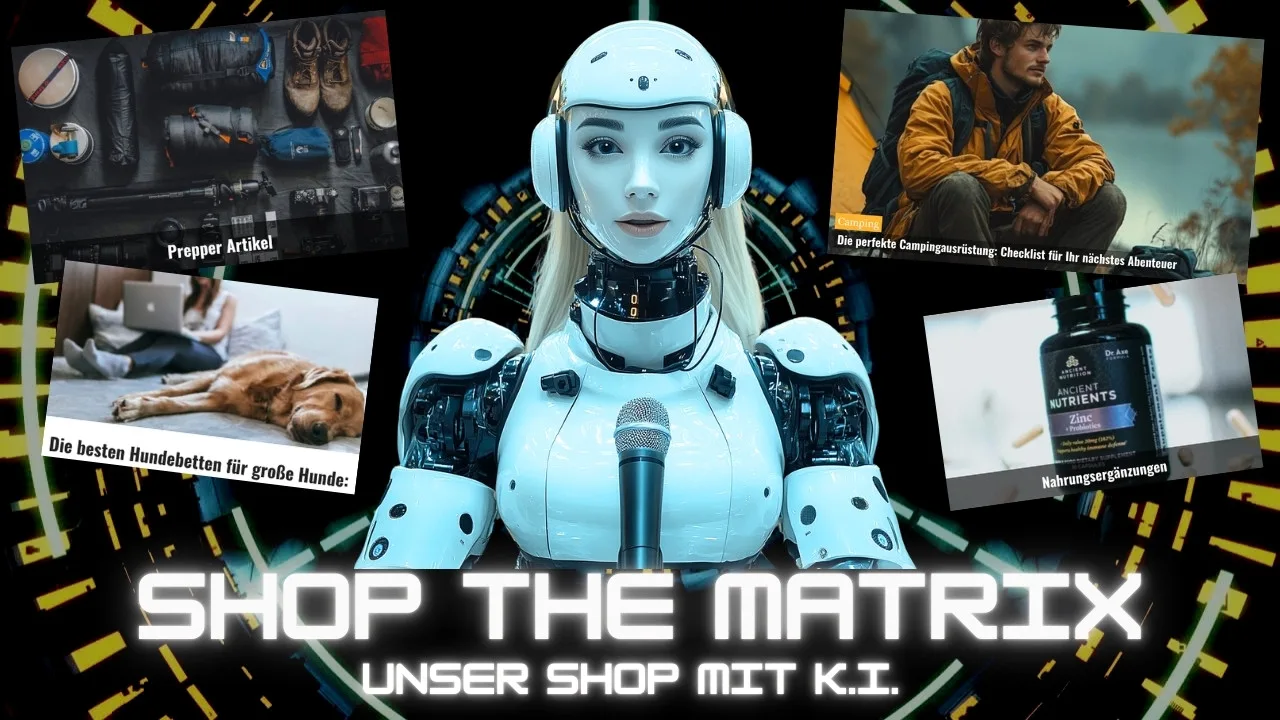 Shop-Banner mit Roboter und verschiedenen Produktkategorien – Prepper, Hunde, Camping, Nährstoffe