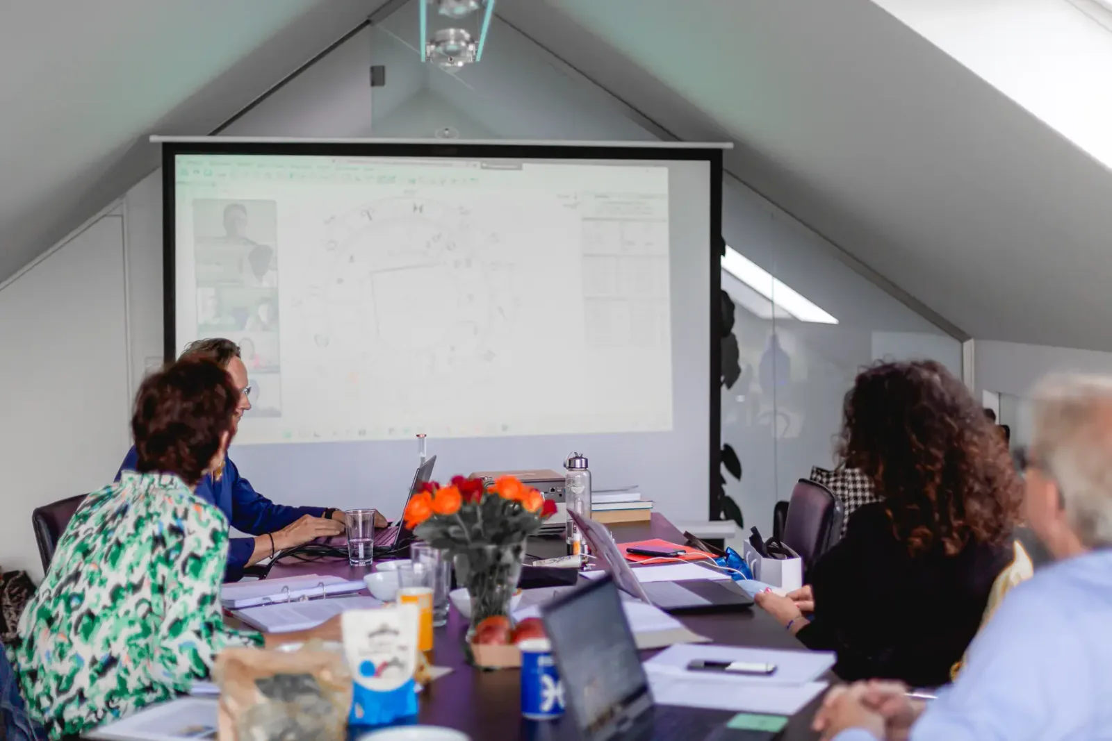 Trainings-Szenario mit Vöhringer und Teilnehmern vor Präsentationsscreen