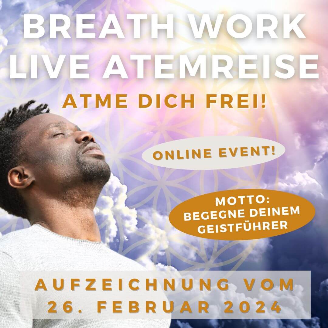 Breathwork Live-Atemreise Poster Geistführer Thema mit meditierendem Mann