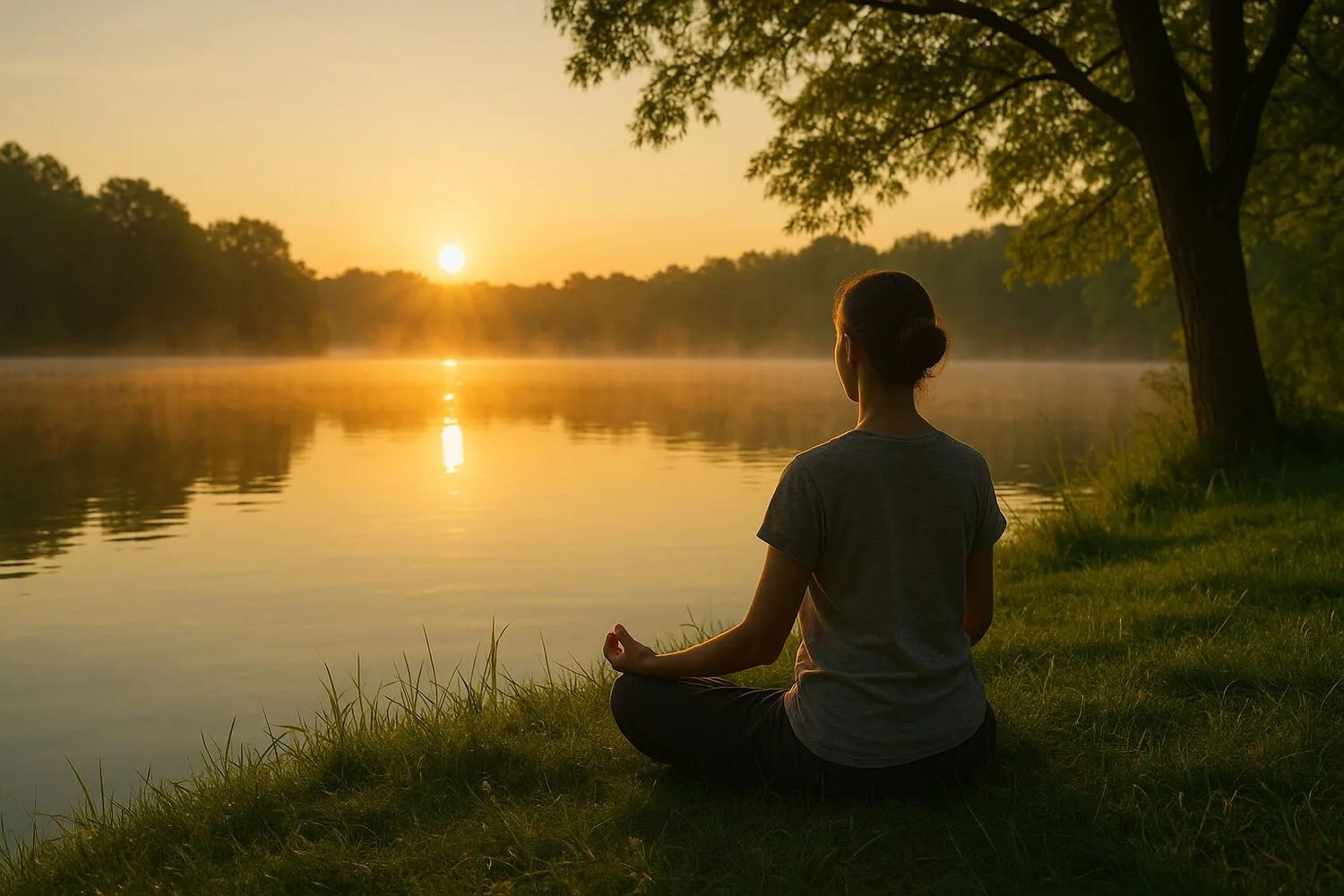 Person sitzt meditierend am Flussufer bei Sonnenaufgang mit Bäumen und Morgennebel