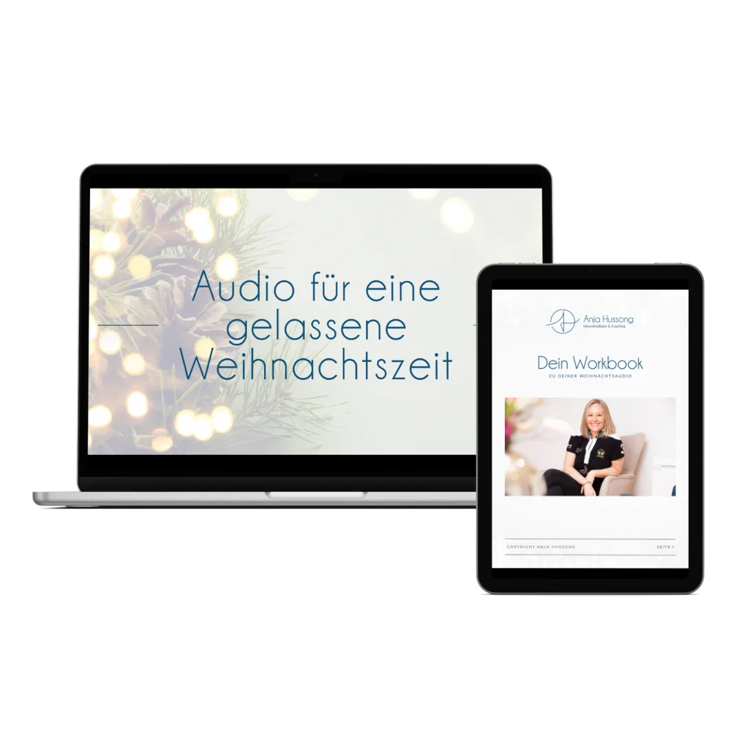 Instagram Post mit Laptop und Tablet, zeigt Audio und Workbook Bundle für gelassene Weihnachtszeit