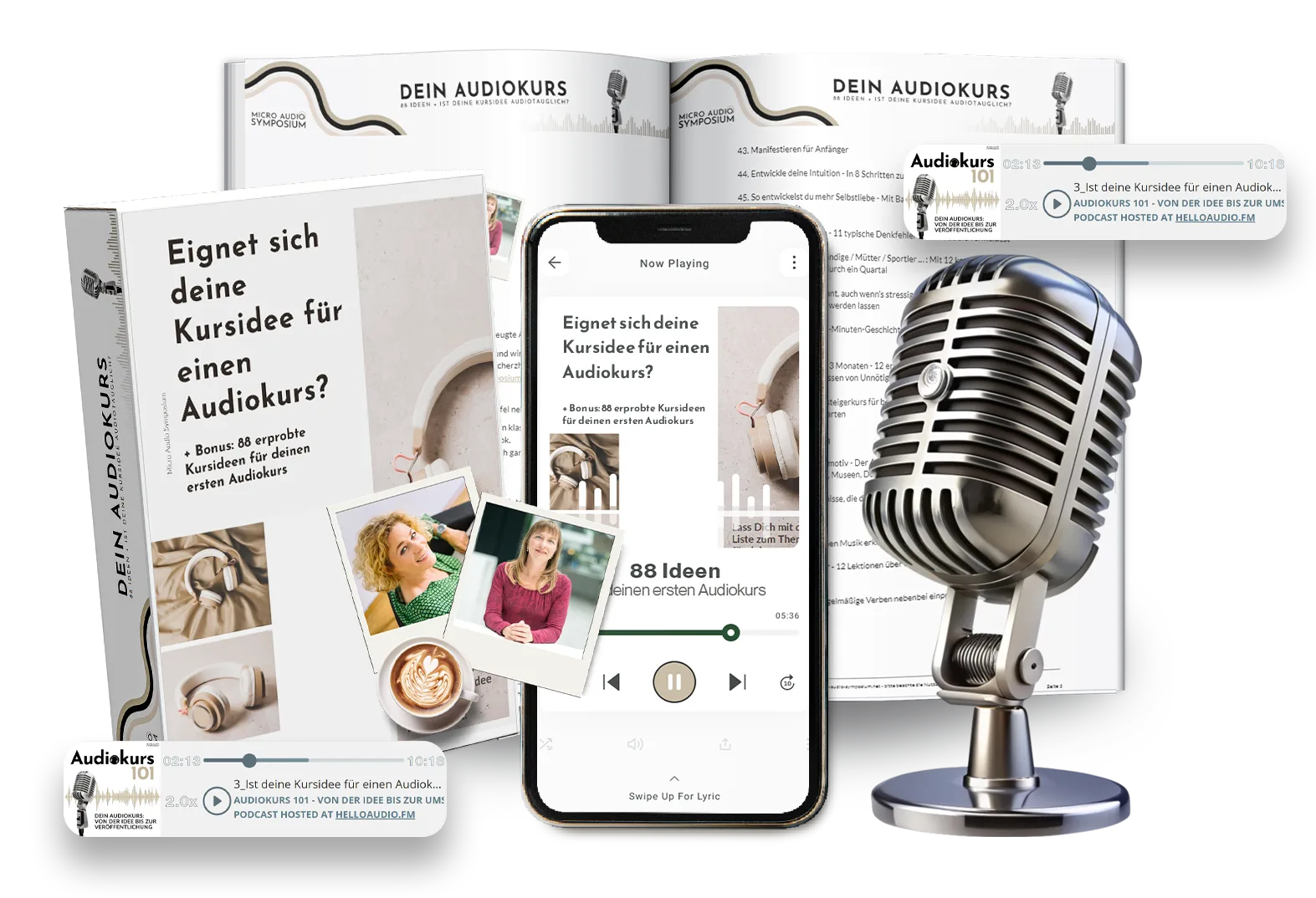 Audiokurs 101 – Kurs zur Hörkurs-Erstellung von Barbara & Dagmar 4 Eine Sammlung von Materialien für einen Audiokurs, bestehend aus einer offenen Broschüre, einem Smartphone mit der Kursoberfläche, einem Vintage-Mikrofon und einem Buch mit dem Titel „Eignet sich deine Kursidee für einen Audiokurs?“ zusammen mit verschiedenen zugehörigen Grafiken.