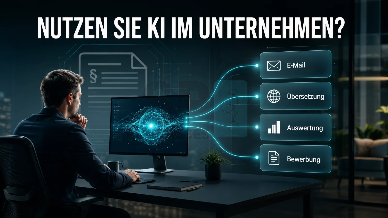 Audit Readiness Praxis-Kit – Vorlagenpaket für ISO-Prüfungen 3 Geschäftsmann am Schreibtisch mit KI-Anwendungen: E-Mail, Übersetzung, Auswertung, Bewerbung