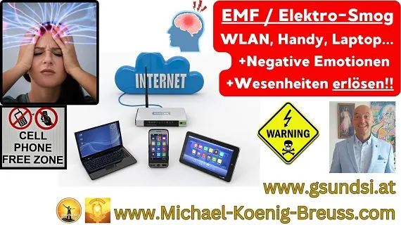 Auflösungs-Ritual: Fremdenergien – Videokurs zur Energiereinigung 10 Infografik zu EMF-Elektrosmog durch WLAN, Handy und Laptop mit betroffener Person, Warnsymbol und Webseiten-Links