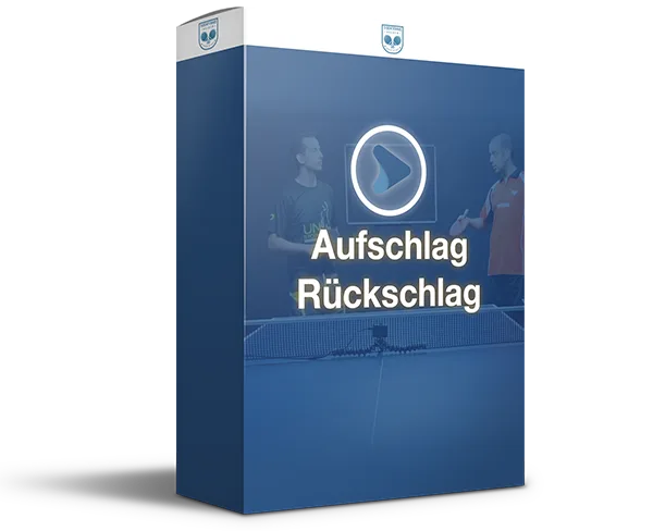 Produktbox Aufschlag & Rückschlag mit Play-Symbol und Tischtennisspielern im Hintergrund