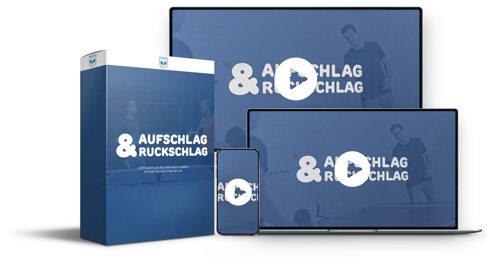 Responsive Mockup des Videokurses Aufschlag & Rückschlag auf Desktop, Tablet und Smartphone