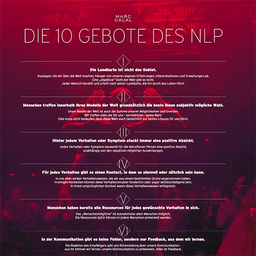 Aufsteiger-Paket – NLP-Videokurs von Marc Galal 5 Detailliertes Poster Die 10 Gebote des NLP mit Texten und Symbolen auf rotem Grund