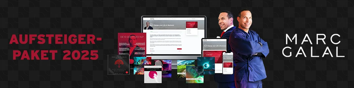 Aufsteiger-Paket – NLP-Videokurs von Marc Galal 3 Banner mit Aufsteiger-Paket 2025 Schriftzug links und zwei Geschäftsmänner mit Marc Galal Text rechts