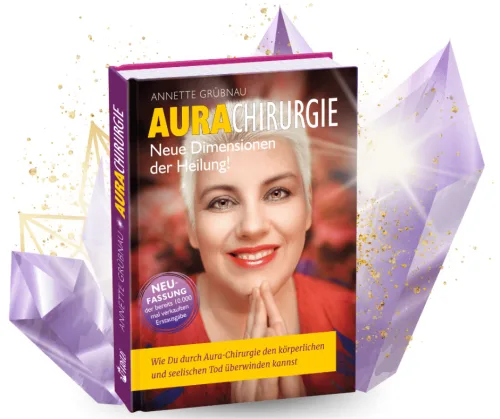 Buch-Mockup Aurachirurgie von Annette Grübnau mit lila Kristallen und Frauengesicht