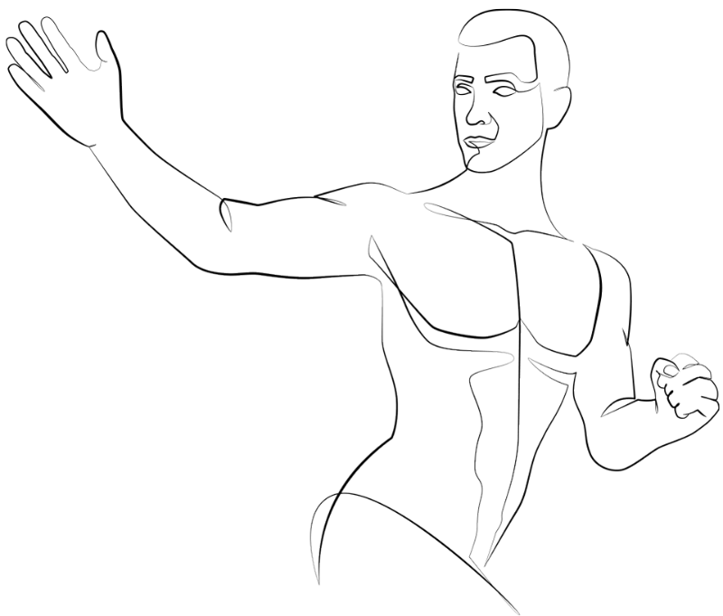 Illustrierte Figur eines Mannes in Trainingspose mit ausgestrecktem Arm, Strichzeichnung