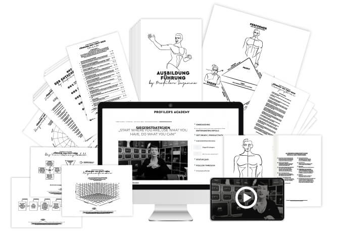 Mockup zeigt Profiler Academy Webseite auf Monitor und iPad mit Kursunterlagen und Illustrationen