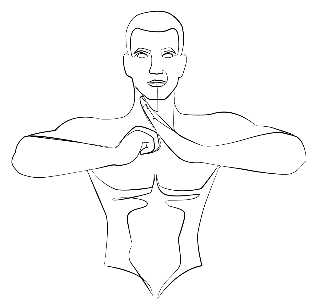 Illustration eines Instruktors in schwarzer Linie mit ausgebreiteten Armen und muskulösem Oberkörper