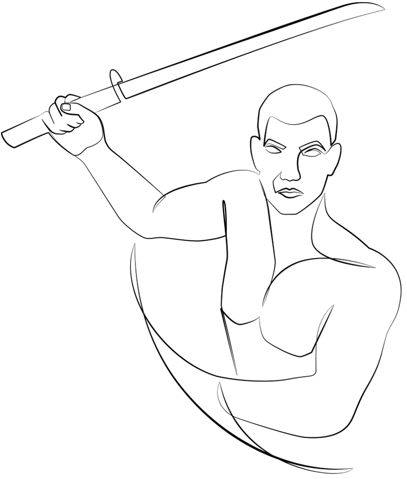 Illustration eines Mannes mit Schwert im Linienstil, Schulter- bis Oberkörperausschnitt