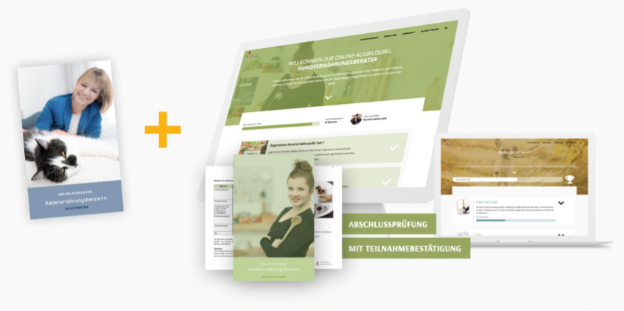 Ausbildung zum Hundeernährungsberater von Paulina Adamczyk 3 Produktmockup zeigt Porträt, Webseite und Ausbildungsmaterialien kombiniert