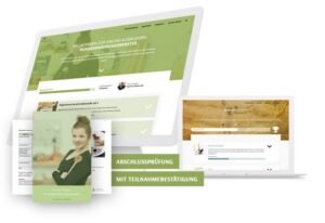 Mockup der Online-Ausbildungswebseite mit grünem Header und Kursmodulen