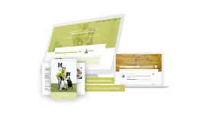 Produkt-Mockup der Online-Ausbildung Trickdog-Trainer mit Website-Screenshots und Kursinhalten auf mehreren Bildschirmen