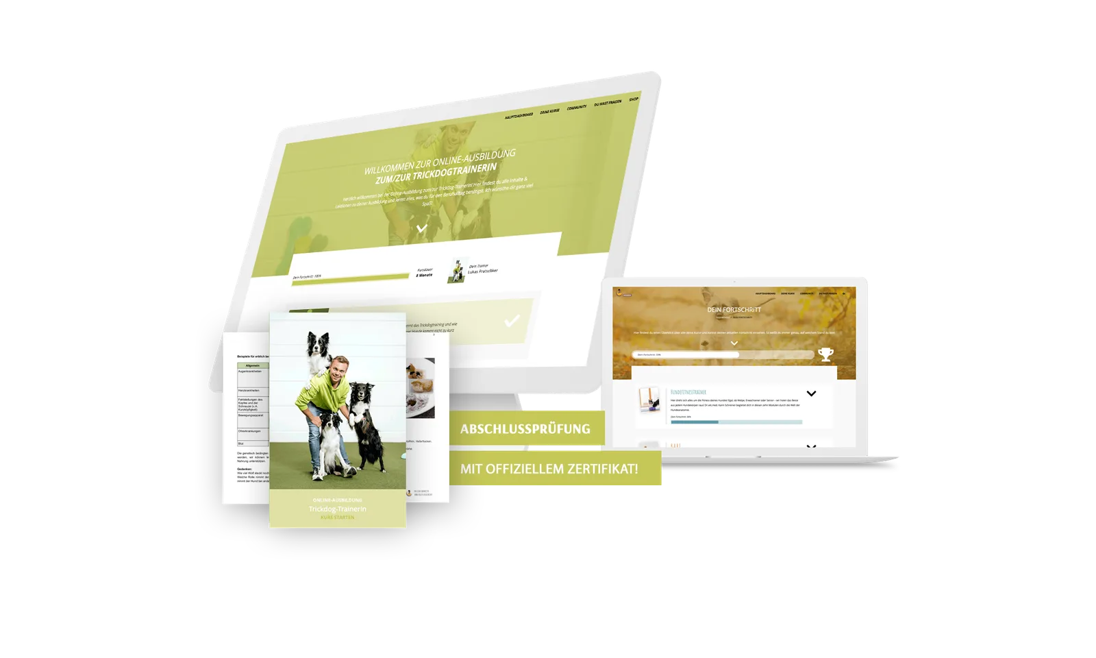 Produkt-Mockup der Online-Ausbildung Trickdog-Trainer mit Website-Screenshots und Kursinhalten auf mehreren Bildschirmen