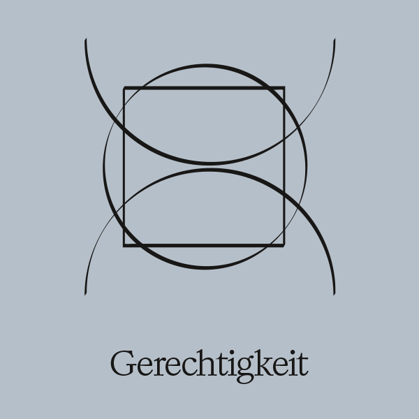 Gerechtigkeit-Symbol: Symmetrische geometrische Form mit Waagen-Elementen auf grauem Hintergrund