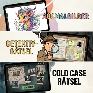 Digitalprodukte Kollektion mit drei Produkten: Ausmalbilder, Detektiv-Rätsel und Cold Case Rätsel für Kinder