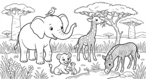 Ausmalbilder für Kinder Tiere: Elefant, Giraffe, Zebra und Löwe in afrikanischer Savannenszenerie, Malvorlage