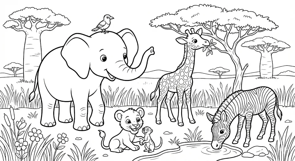 Ausmalbilder für Kinder Tiere: Elefant, Giraffe, Zebra und Löwe in afrikanischer Savannenszenerie, Malvorlage