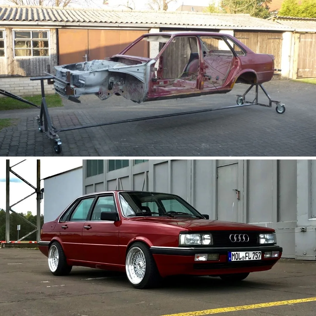 Vorher-Nachher Split: oben zerlegter Audi 90 auf Drehgestell, unten restaurierter Audi 90 in Rot